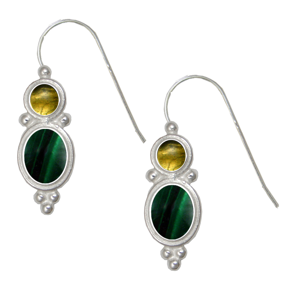 Sterling Silver Drop Dangle Earrings Malachite And Citrine
